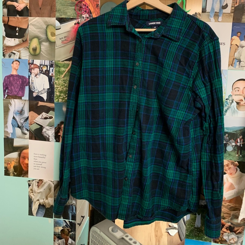 Lands’ End Plaid button up size 14, green and blue